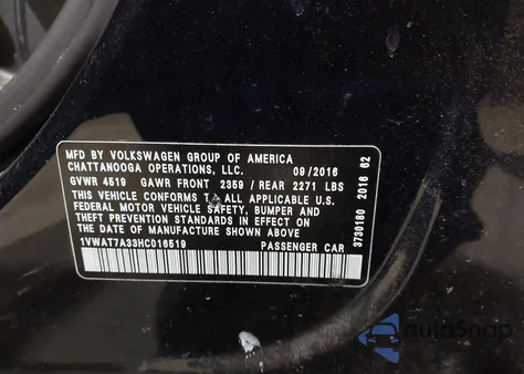 2017 Volkswagen Passat 1.8T S z USA, uszkodzony, nr VIN 1VWAT7A33HC016519